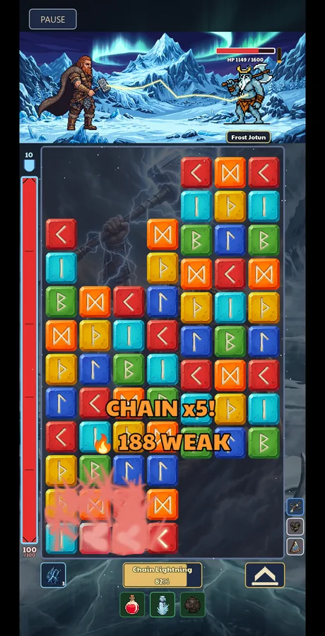 RuneShift development gameplay: a board of elemental runes beneath a battle in Niflheim