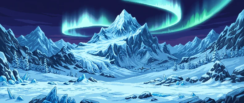 The snowy mountains and aurora of Niflheim